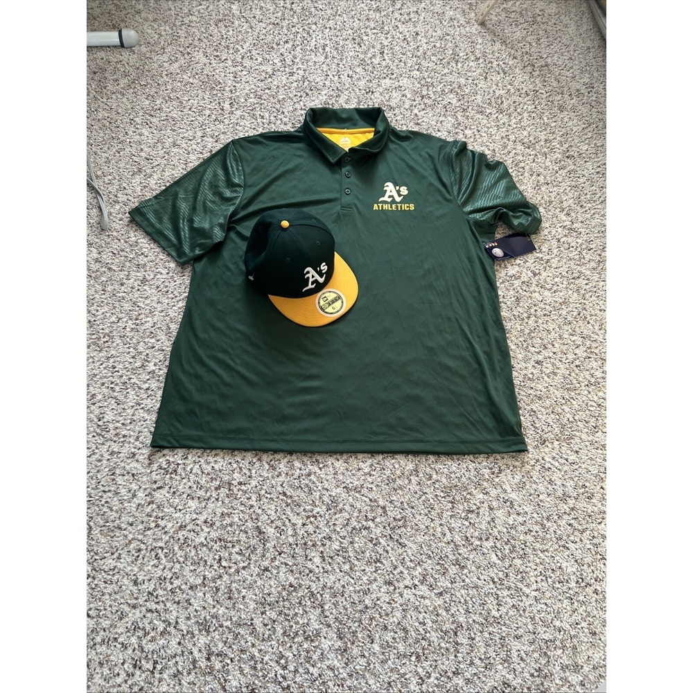 New Set Of MLB Genuine Merchandise Polo Shirt Athletics A's Sz XXL Green W/Hat